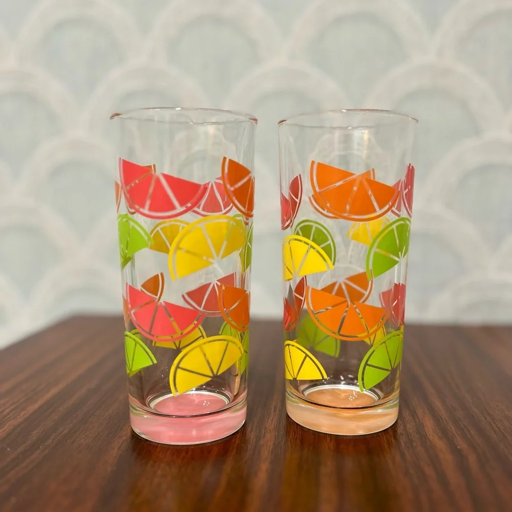 Set of (2) TMD Holdings Citrus Fruit Slice Highball Glasses 🍊🍋‍🟩🍋‎